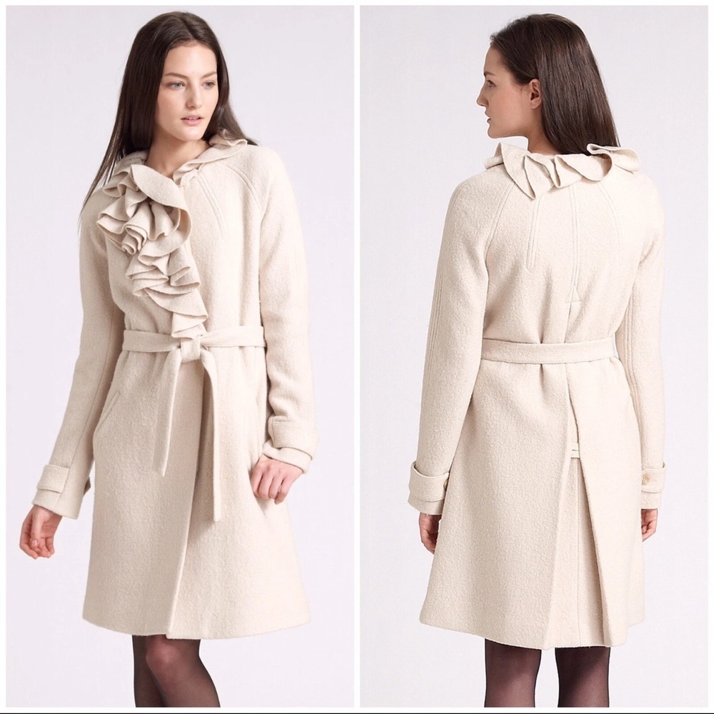 Rebecca Taylor Womens Sz 6 Belted Coat Wool Blend Long Beige Ruffle Collar Retro